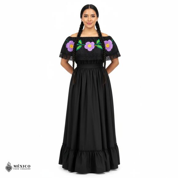 Traditional Mexican Embroidered Floral Dress Set – Handmade Two-Piece - Picture 5 of 7